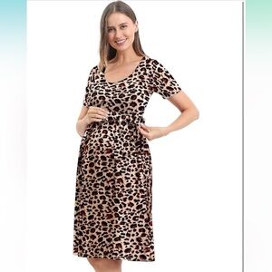 Leopard Print Maternity Casual Swing Dress Pregnancy Knee Length with Belt (M)